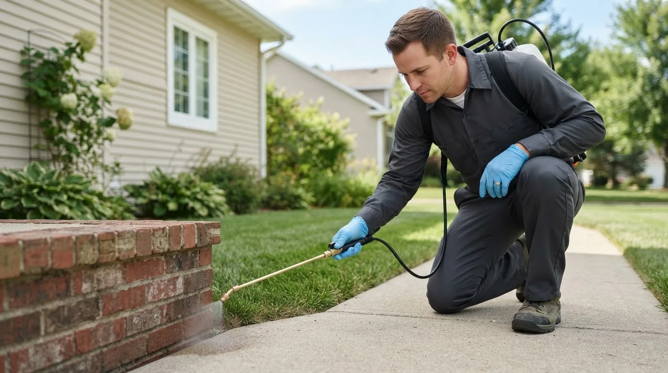 Pest control technician treating a home near New Goshen, IN