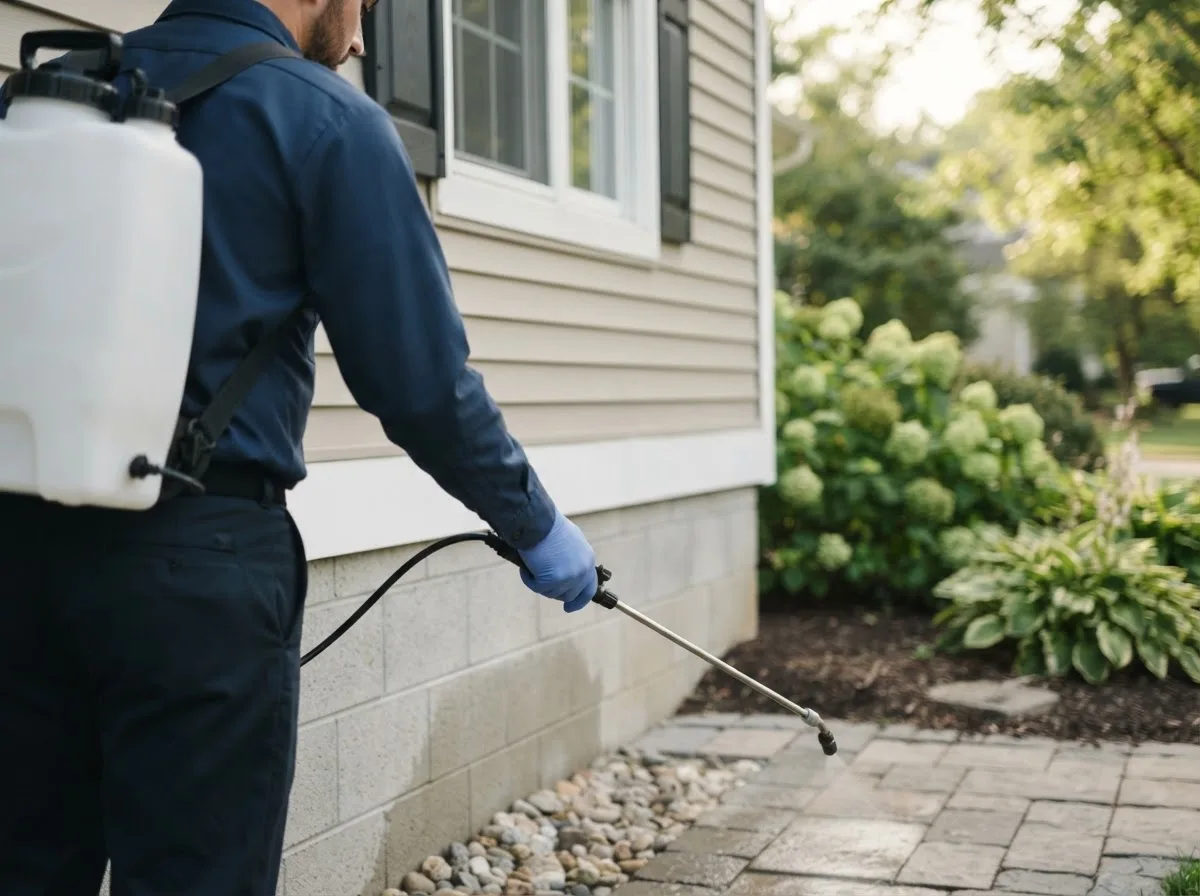 Pest control technician inspecting a home in New Goshen, IN